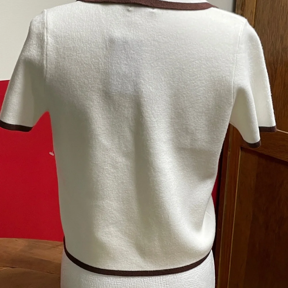 Fate White Short Sleeve Knit Cardigan with Brown Trim - Picture 5 of 8